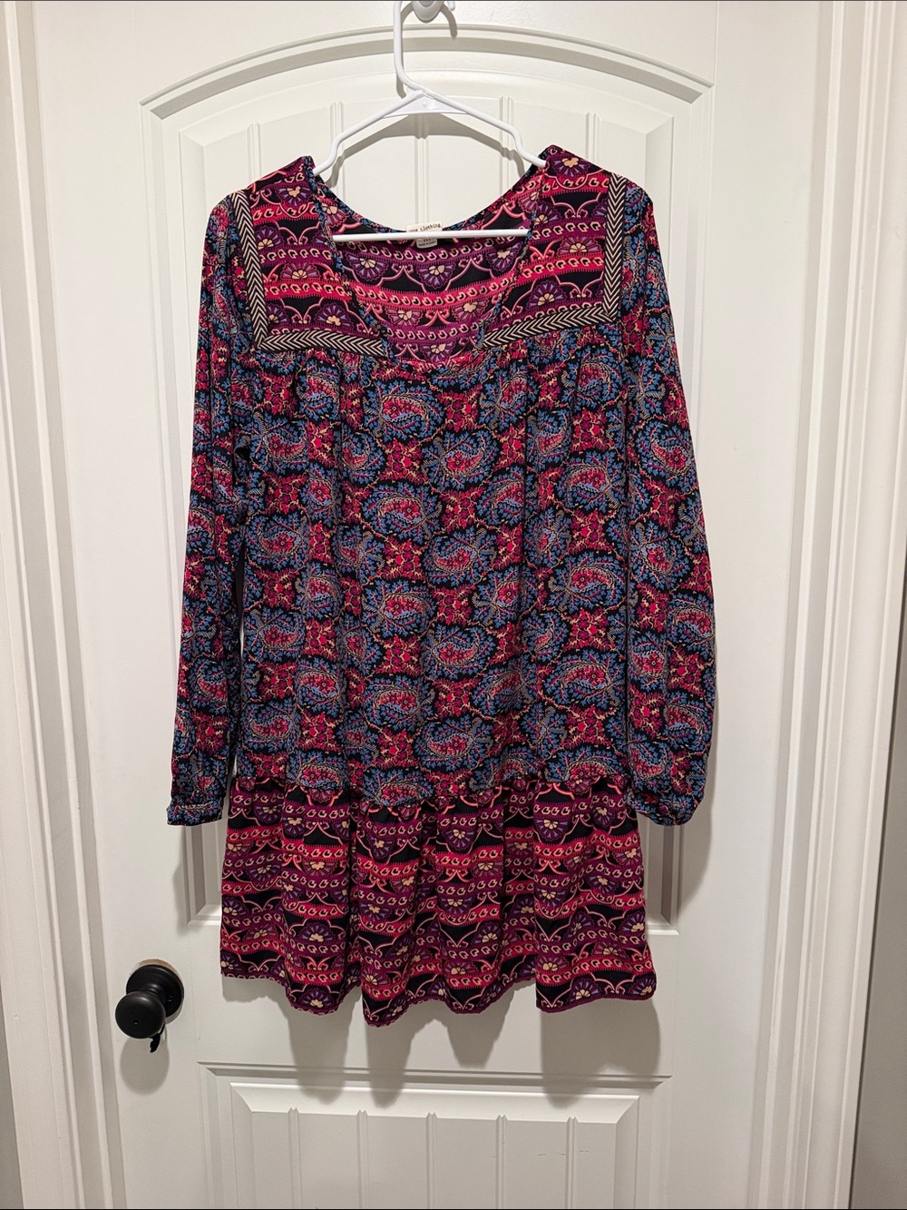 one clothing Magenta and Blue Boho Long Sleeve Mini Dress